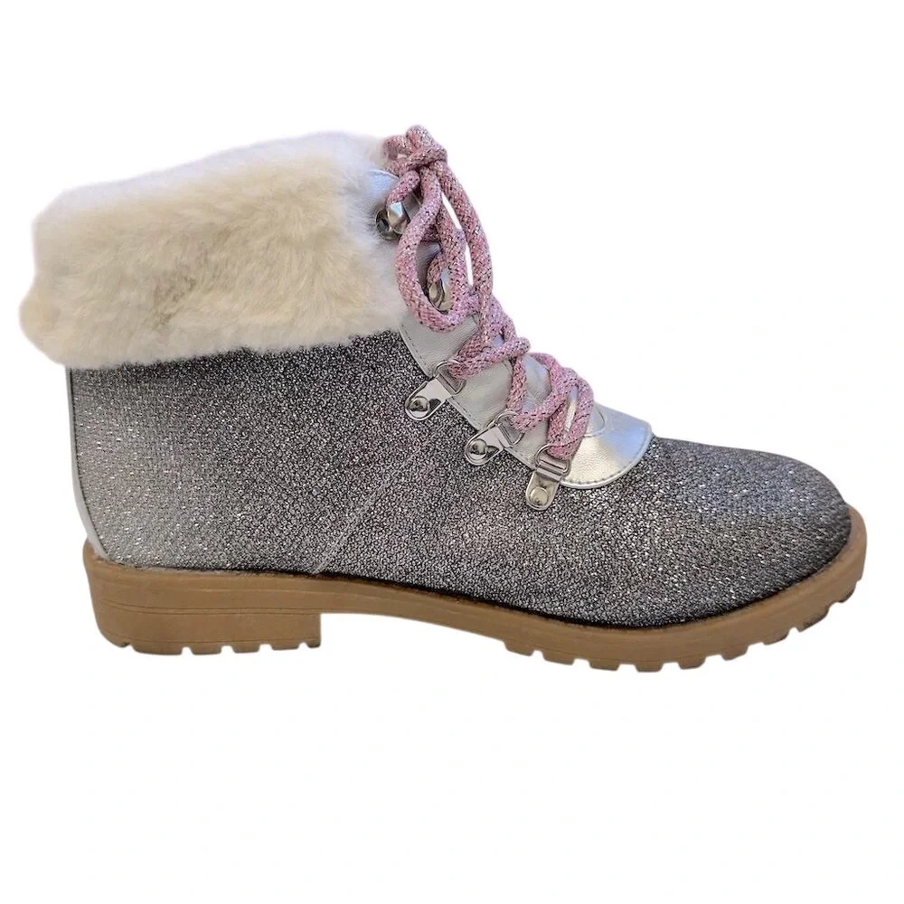 Juicy Couture Girls' Silver Glitter Hiker Ankle‎ Boots Size 5 Winter glamour